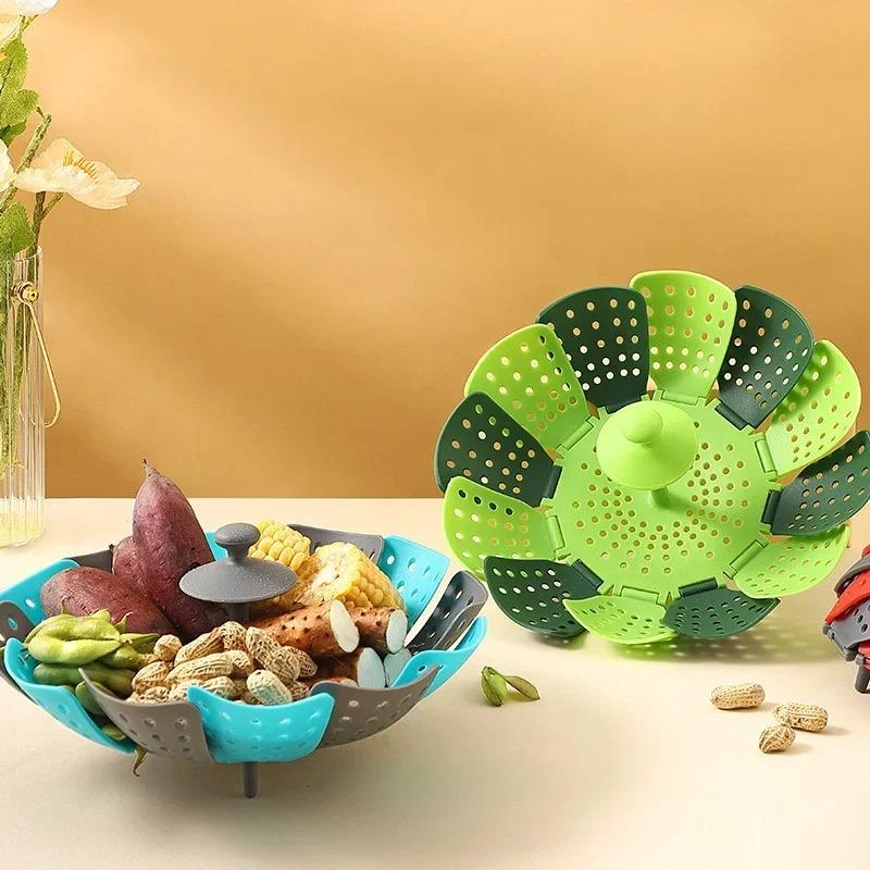 Sammenleggbar Lotus Steamer i plast Dampstativ for matvare Fruktkurver Kjøkken Oppbevaringsstativer Vegetabilsk dampkoker tallerken kokekar