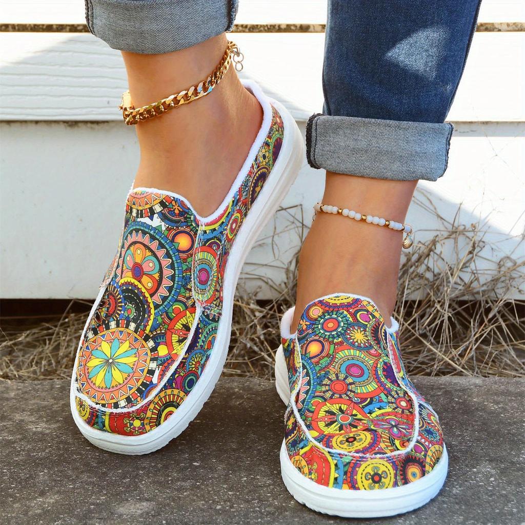 Women's Colorful Mandala Slip-On Loafers - Lightweight, Comfortable Fabric Upper, Vibrant Round Toe Shoes for All-Day Wear