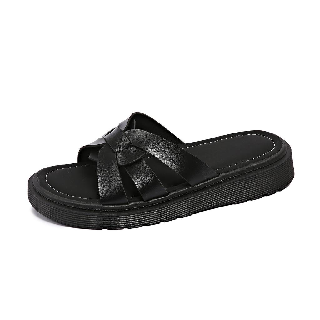 Summer New Thick Soled Slippers with Round Toe Exposed Toe Cross Woven Strap Slippers Ladies Slippers