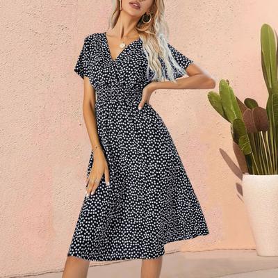 Women Polka Dot Chiffon Midi Dress Short Sleeve V Neck Flowy Dress Bohemian Summer Beach Sundress with Elastic Waist