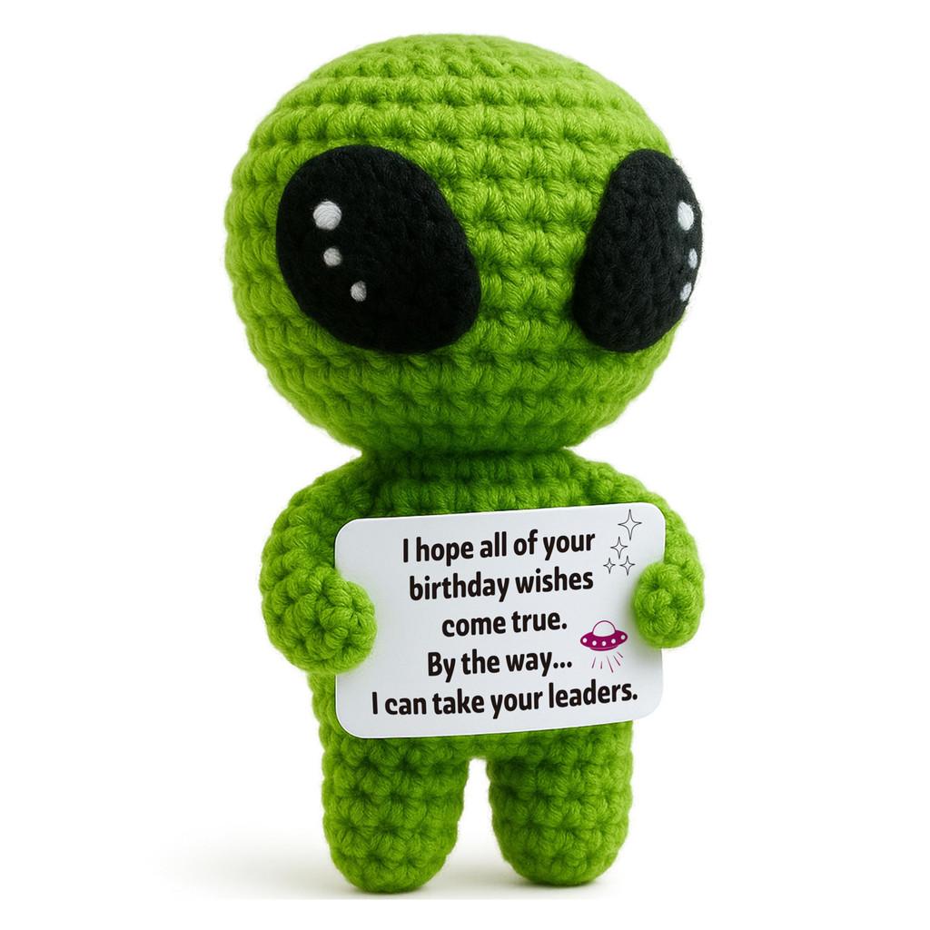Grünes Alien Positives Häkeltier Puppe Mit Karte Schreibtischschmuck Emotionale Unterstützung Handgefertigt Gestrickt Aufmunterungsspielzeug