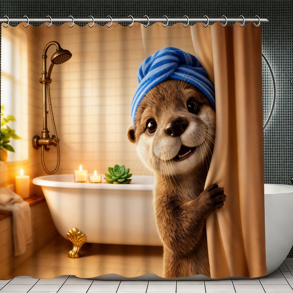 Adorable Otter Bath Curtain Funny Animal Theme Bathroom Decor Waterproof Polyester Shower Curtains for Bathtub Home Decorative