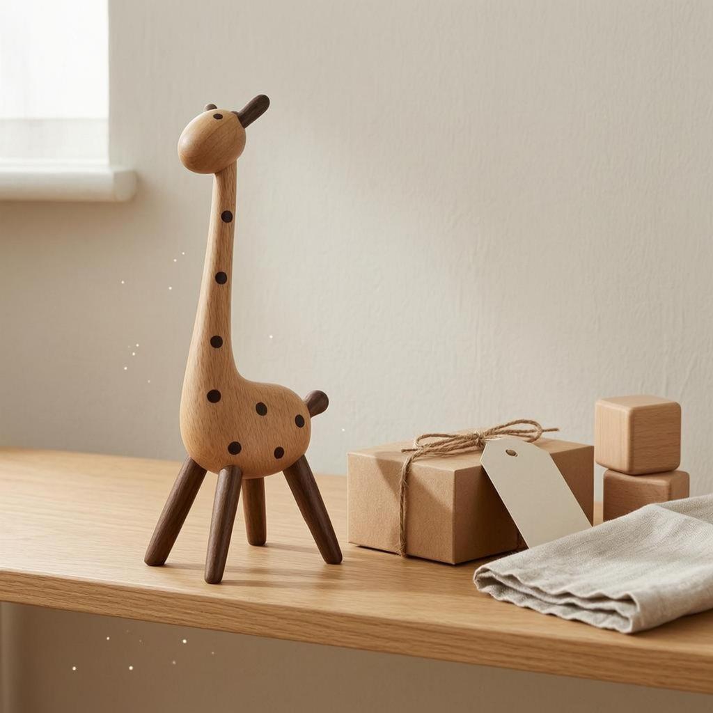 Wooden Giraffe Ornament Handmade Solid Wood Statue Polished Finish for Home Display