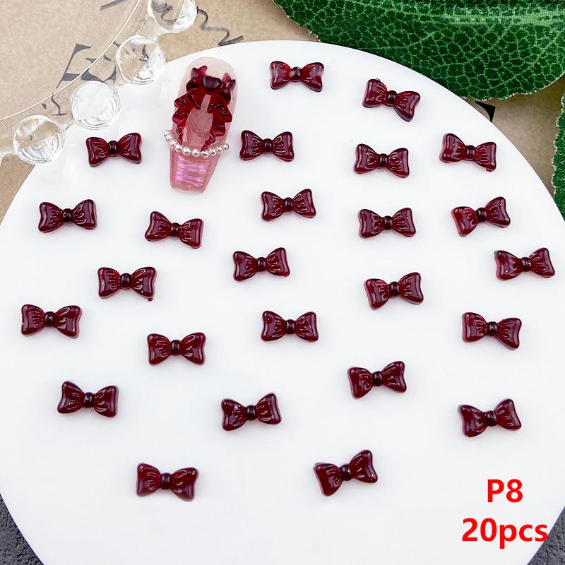 20Pcs Wine Red Resin Bow Nail Charm Bulk Mix Size 3D Ribbon Bowkont Mini Kawaii Nail Art Accessories Diy Cute Nails Decorations
