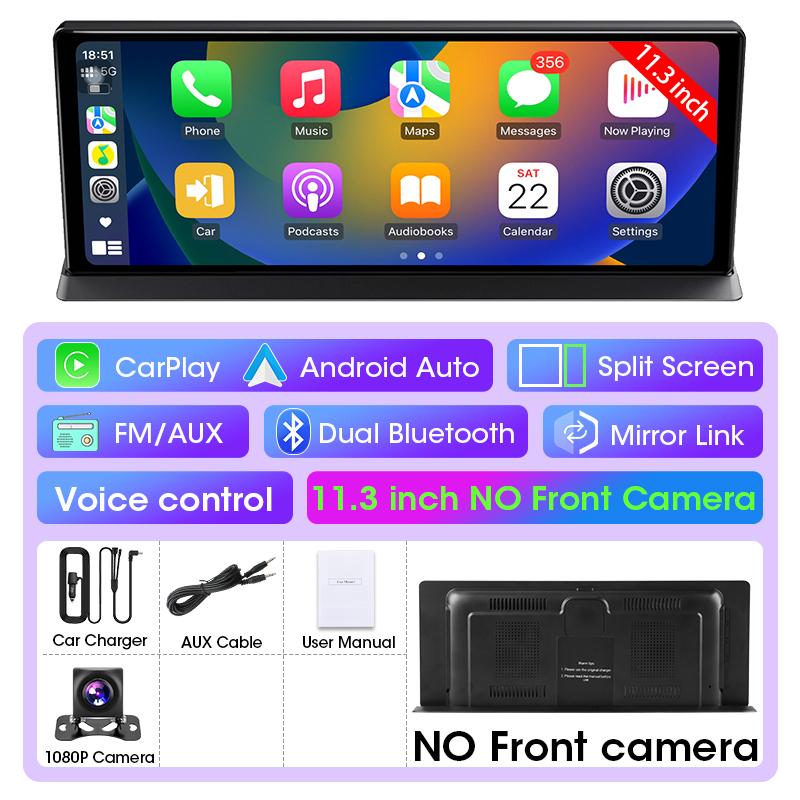 11.3" Car DVR 4K Dash Cam Wireless Carplay Android auto Ai Screen Dual Len Video Recorder 1080P Rear view Camera GPS Navigation