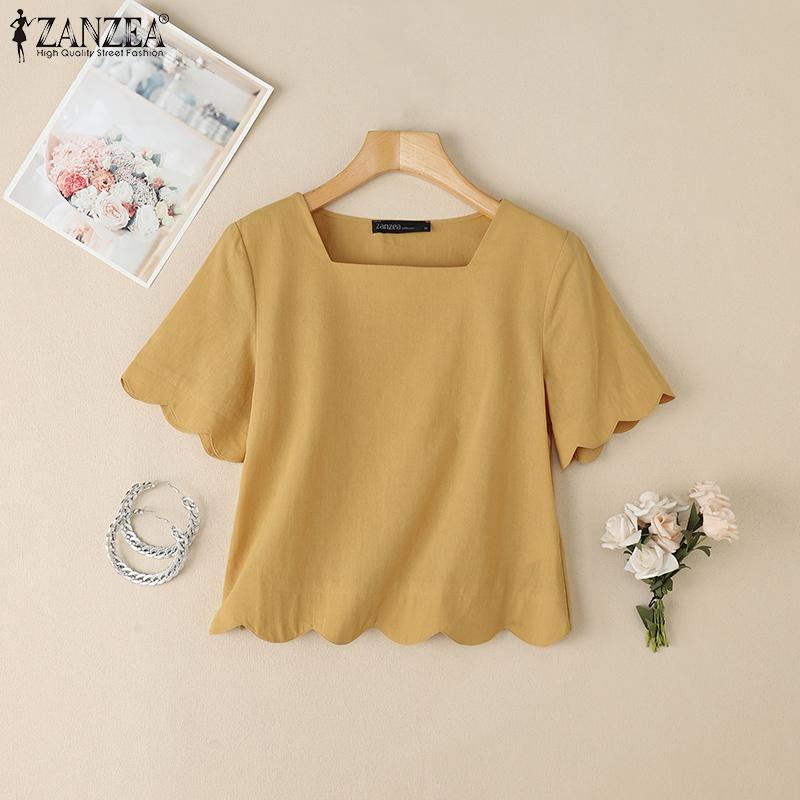 ZANZEA Wome Casual Short Sleeve Side Zipper Wavy Edge Summer Blouse