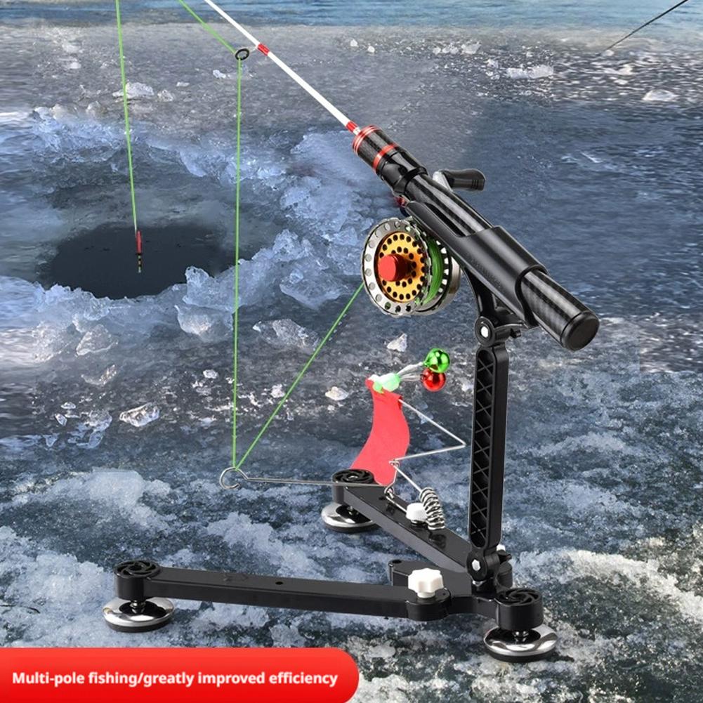 Foldable Ice Fishing Rod Holder with Bell & Flag - Adjustable Ice Auger-Compatible Bracket Portable Winter Fishing Accessories