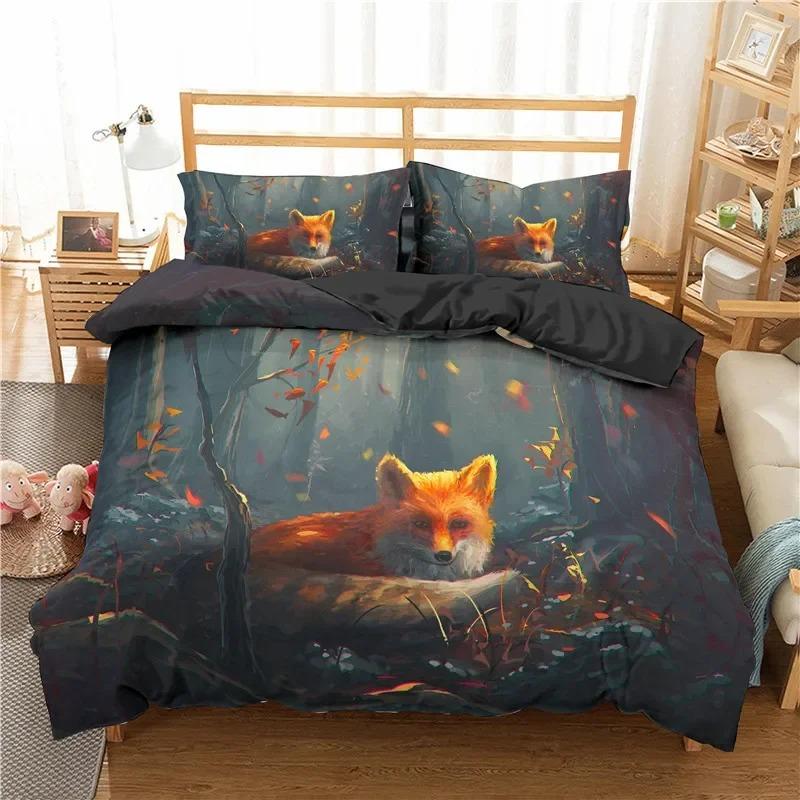 Cartoon Fuchs Bettwäsche Set Niedlicher Fuchs mit Blume Feder Stirnband Bettbezug Einzelbett Doppelbett Queen-Size King-Size Polyester Bettbezug Mädchen Jungen