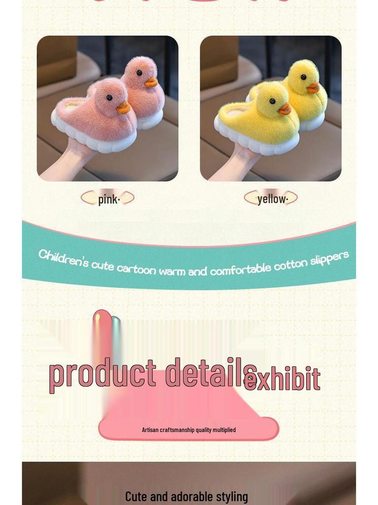 Kleine Ente Plüsch rutschfeste Baumwollpantoffeln für Kinder - Süßes pelziges Design für Jungen & Mädchen