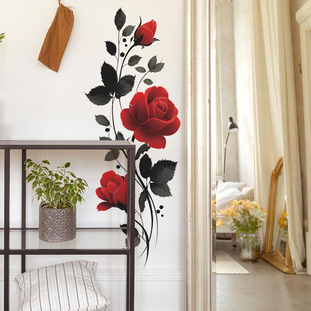 Painted Red Roses and Black Leaves, Bathroom and Home Wall Decoration Stickers