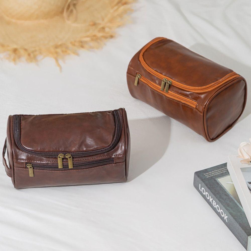 Multifunktionale PU-Leder Herren Kulturtasche mit Reißverschluss Vintage Luxus Kosmetiktasche Große Kapazität Wasserdichte Make-up-Taschen Business