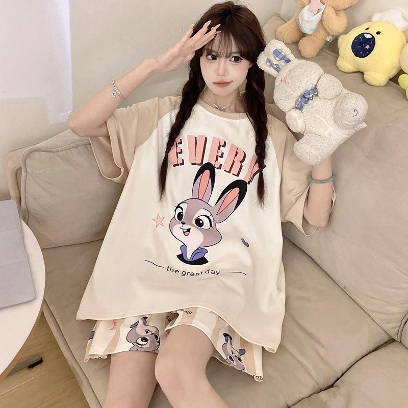 Women's Plus Size Summer Cartoon Pajama Set - Cute Donald Duck Short Sleeve Homewear