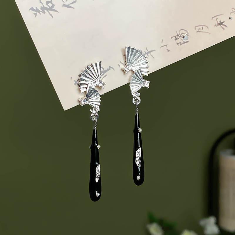 New Chinese Style Sweet Cool Long Fan-Shaped Pendant Drop Earring for Women Exaggerated Girl Gift Rock Jewelry