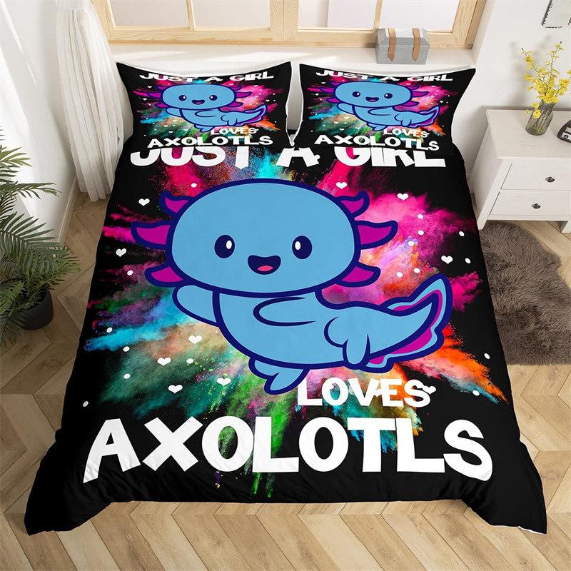 Cartoon Axolotl Duvet Cover Full For Kids Boys Girls Toddlers Kawaii Axolotl Bedding Collection Cute Sea Weed Coastal Comforter Cover