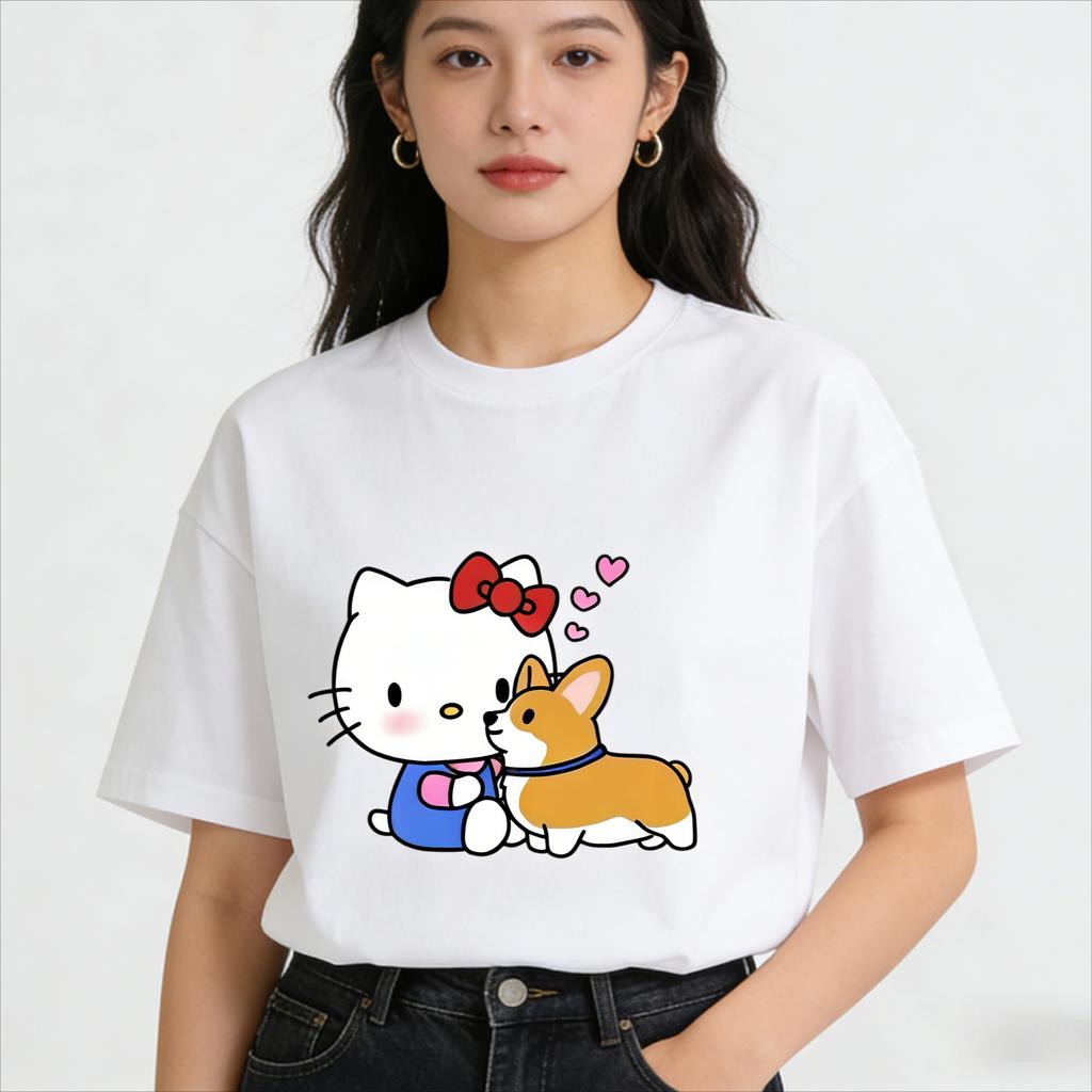 2026 Hello Kitty Cartoon Printed Short Sleeve Summer Cotton Tshirt Womens Family Matching Outfits Tops Tee Highquality Tops