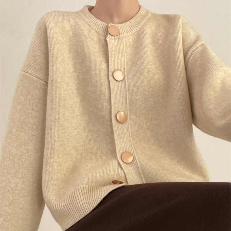 Autumn Winter Design Single Breasted Knit Sweater Women Cardigan Lazy Style Loose Solid Round Neck Top