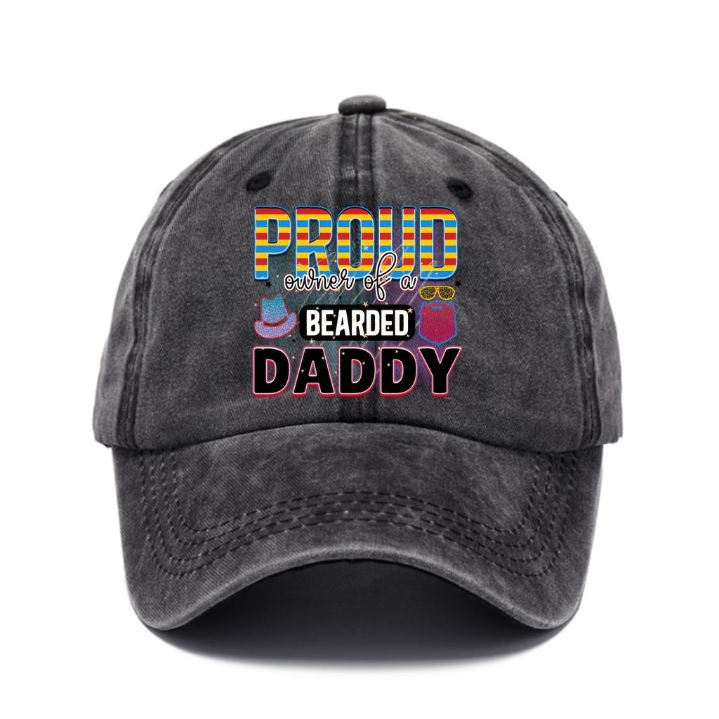 Proud Owner of a Bearded Daddy Rainbow Baseball Cap Distressed Denim Washed Adjustable Hat Casual