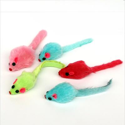 Katzen spielen mit buntschwänzigen kleinen Mäusen. Tierspielzeug, Katzenspielzeug, Bunte Mäuse, Plüschmäuse