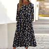 Women's Casual Round Neck Floral Print Midi Dress Long Sleeve Pocket Dress