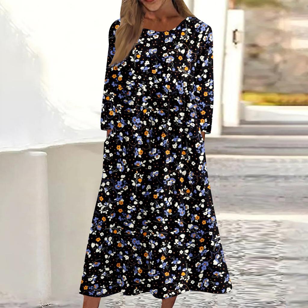 Women's Casual Round Neck Floral Print Midi Dress Long Sleeve Pocket Dress