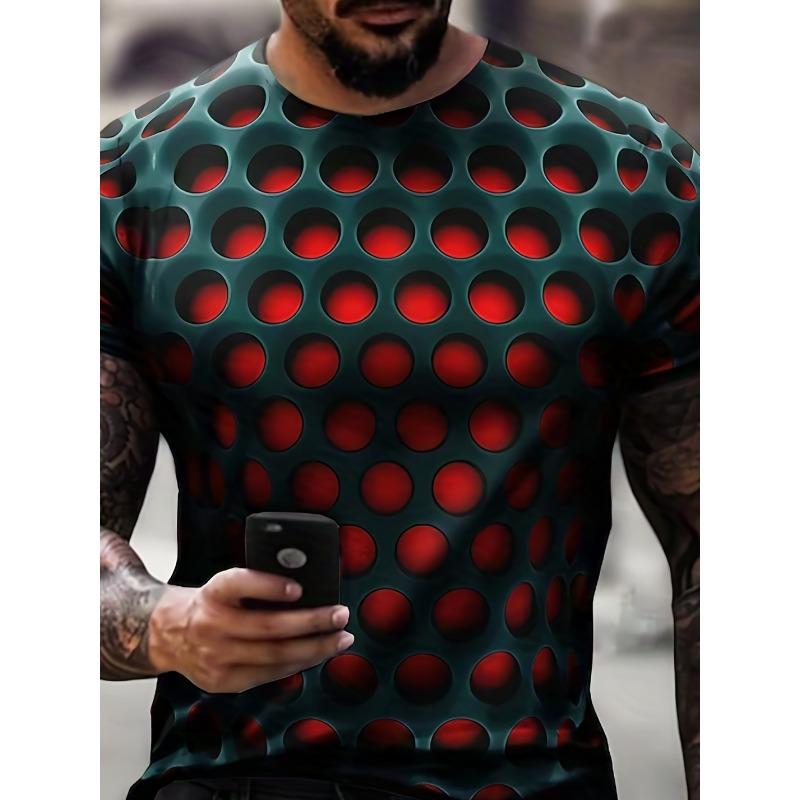 Creative 3D Hole Optical Illusion T-Shirt Men Geometric Honeycomb Graphic Printed Short Sleeve O-Neck Tops Summer Plus Size Casual Streetwear Tee S красный