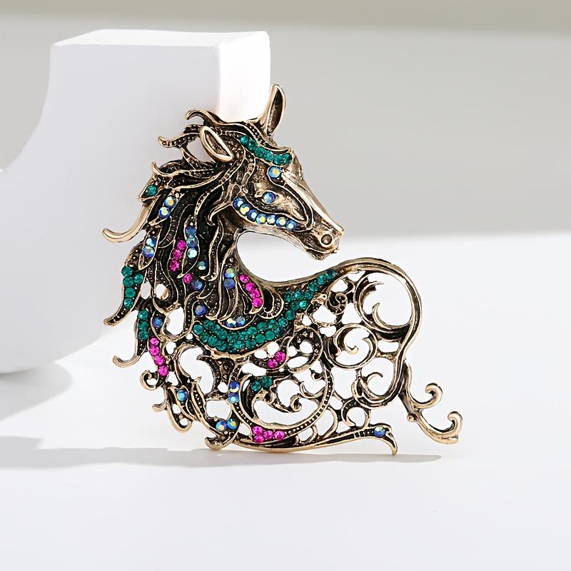 Vintage Horse Head Brooch - Multicolor Rhinestone & Alloy Hollow-Out Design with Teal Blue/Pink/Red/Green/Purple/Black Sparkling Stones, Intricate Man Brooch