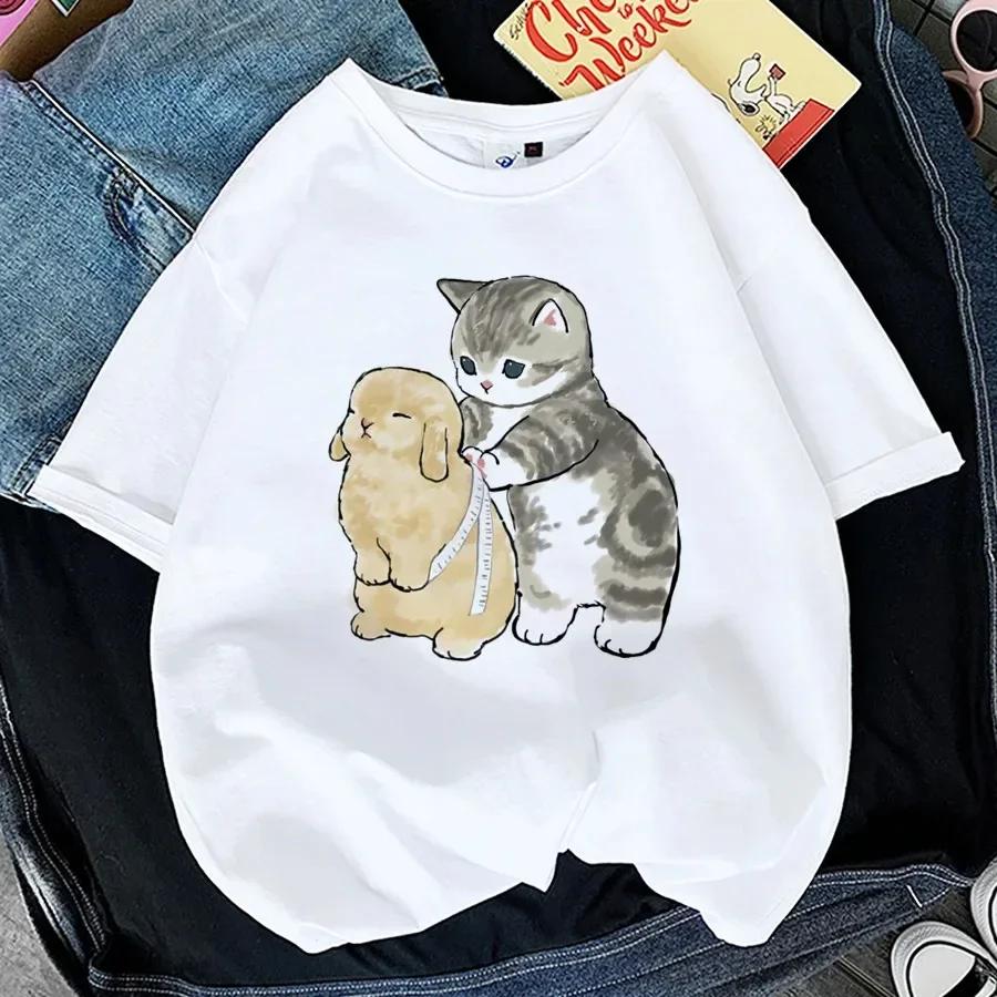 Kawaii Cat WoPrint T-shirt Girl Animal Y2K Fashion 90S Harajuku Print Tops Tee Gril Black White Summer Clothes Tshirts
