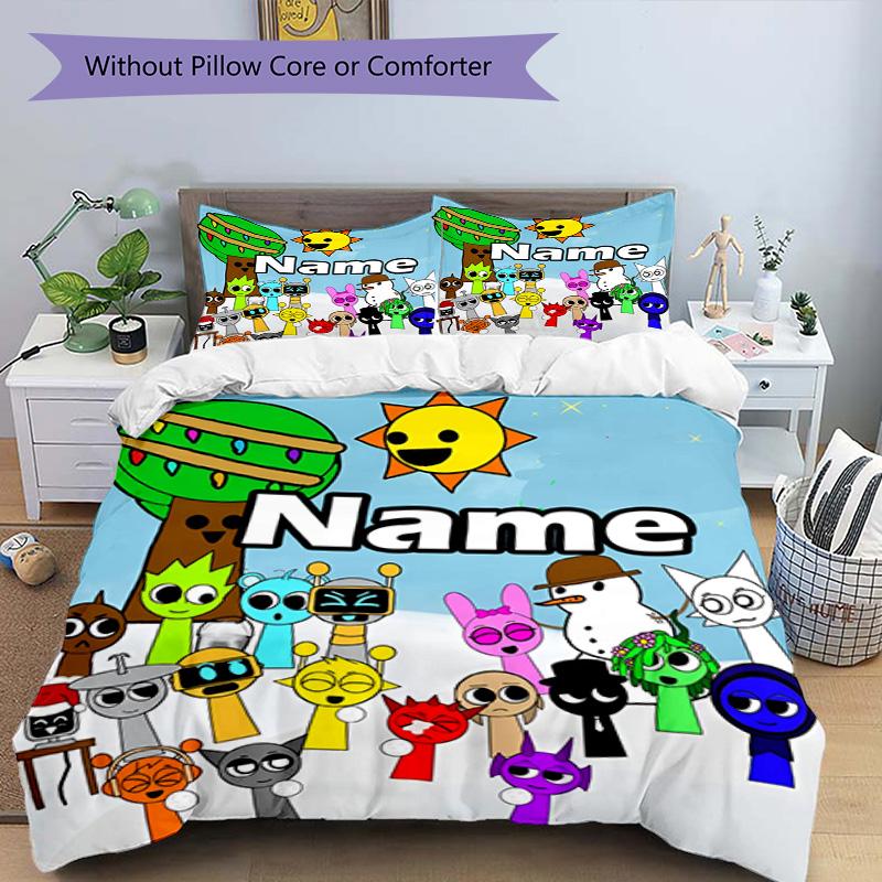 3pcs Duvet Cover Set (1*Duvet Cover + 2*Pillowcase, Without Core), Custom Name Sprunki Game Pattern Bedding Set, Home Bedroom Decor Gift