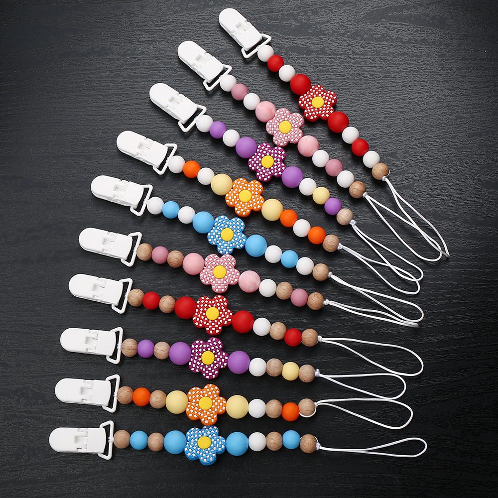 New Baby Pacifier Clips Silicone Flower Beads Baby Pacifier Chain Teether Teething Toys Dummy Clip Holder Chain Clip Baby Gifts