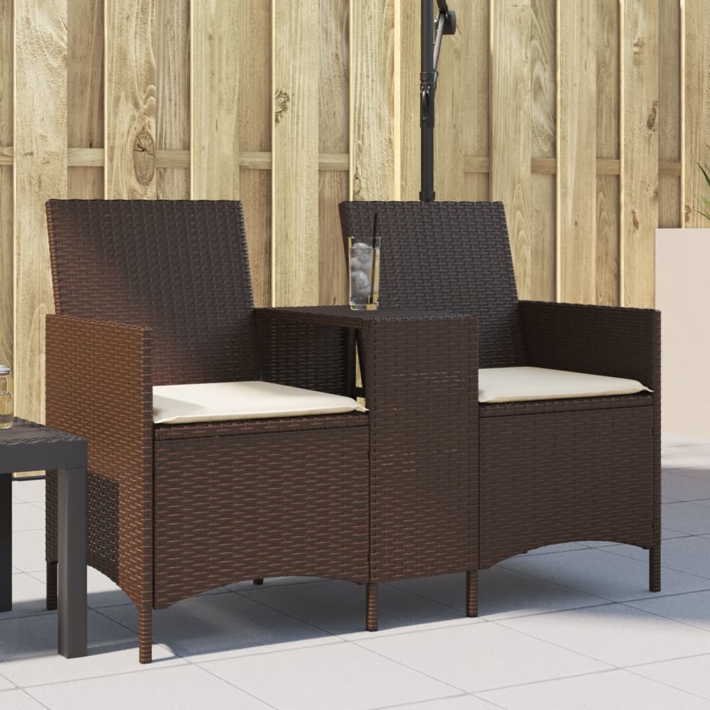 2 Seater Garden Sofa with Table and Cushions Brown Poly Rattan