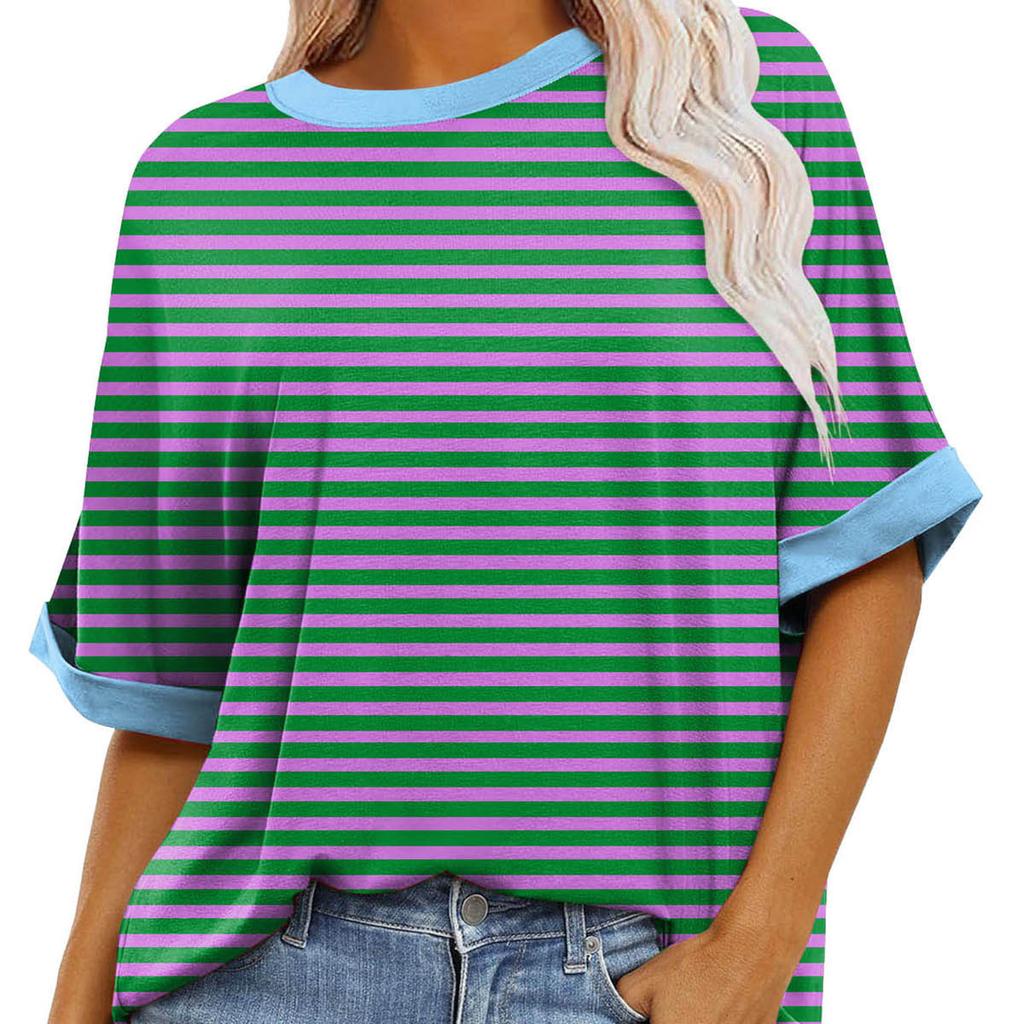 Stripete graduerte trykk rund hals kortermet for kvinner Sommer Uformell Løs mote Pullover T-skjorte Arbeidsferie Pustende Lett Compy Topp