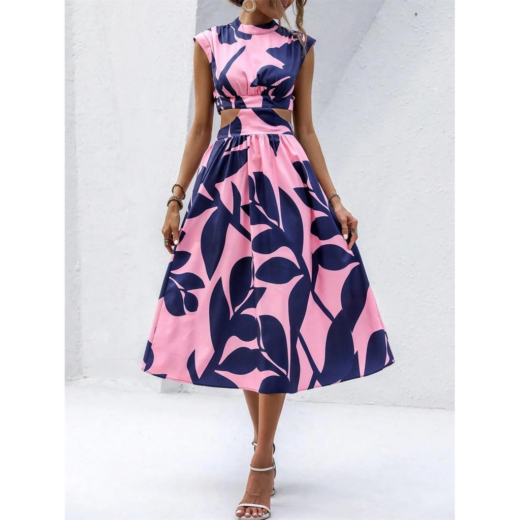 Abito lungo elegante da donna senza maniche, girocollo, vita aperta, stampa floreale