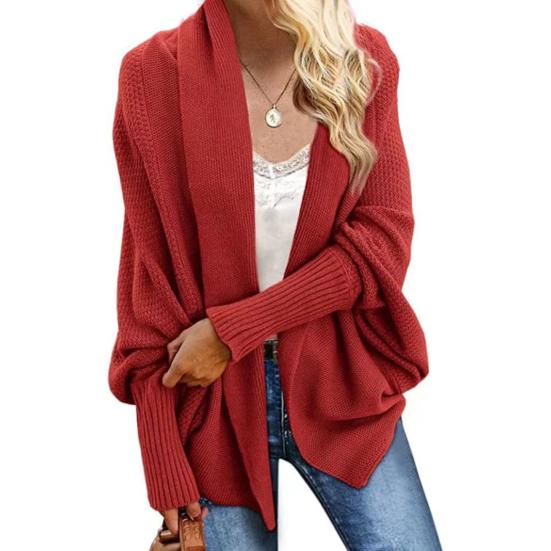 Women Cardigan Coat Collarless Batwing Long Sleeve Open Front Knitting Coat Elastic Cuffs Solid Color Loose Fit Knitted Cardigan