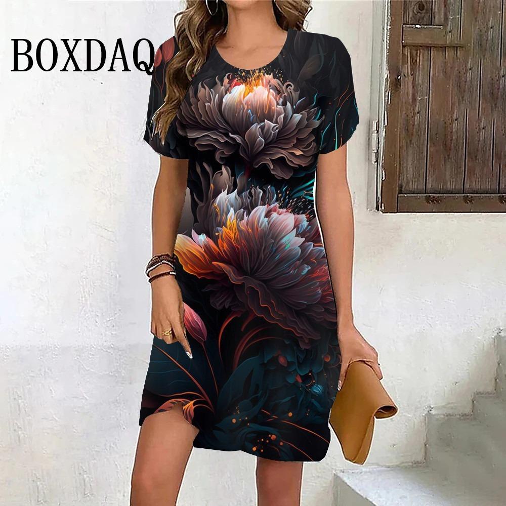 3D Floral Print Dress Ladies Mini Dress Casual O-neck Short-sleeved Ladies Summer Dress S