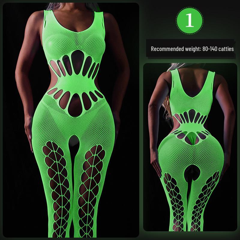 Glow-in-the-Dark Sexy Fishnet Bodysuit with Fluorescent Bandeau and Plus Size Glowing Stockings