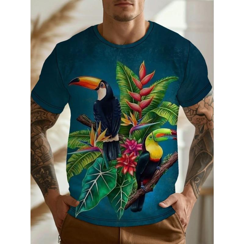Herren Tropical Tukan 3D-Druck T-Shirt Lässiges Kurzarm Rundhals Oberteil Coole Exotische Vögel Blumen Grafik-T-Shirt Lebendige Sommer Dschungel Streetwear Oberteile
