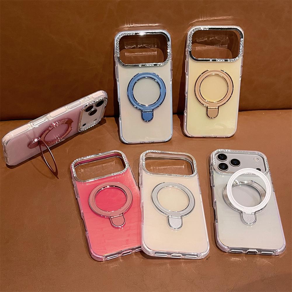 Laser Jelly Candy Magnetic Shockproof Case for iPhone 17 Air 16 15 14 13 Pro Max Bracket Stand Diamond Camera Frame Glossy Cover