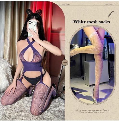 Tearable Fishnet Bodysuit Crisscross Halter Neck Sheer Erotic Lingerie Open Crotch Stockings Innocent Sexy Sleepwear for Women