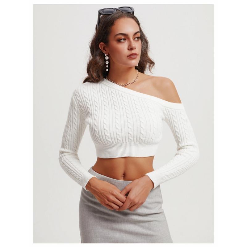 

Женский осенне-зимний трикотажный свитер прямого кроя с открытыми плечами и длинными рукавами, короткий пуловер S белый