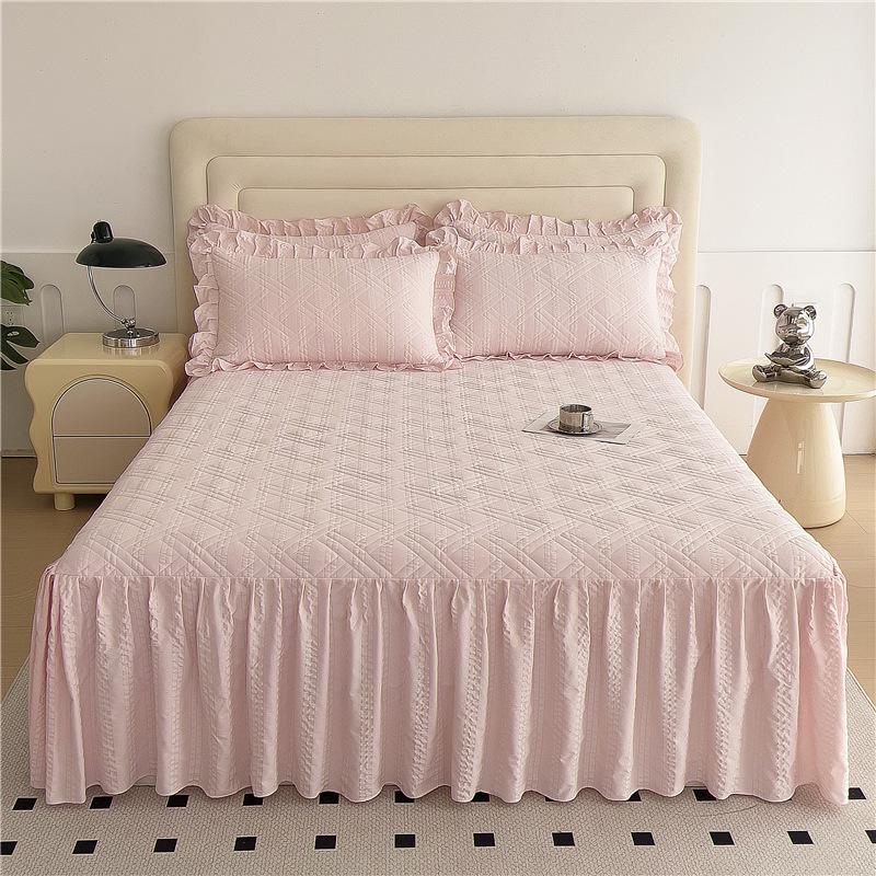 2025 Princess Lace Quilted Bedspread Set: Single Bed, Skirt, & Headboard Cover - Washed Cotton