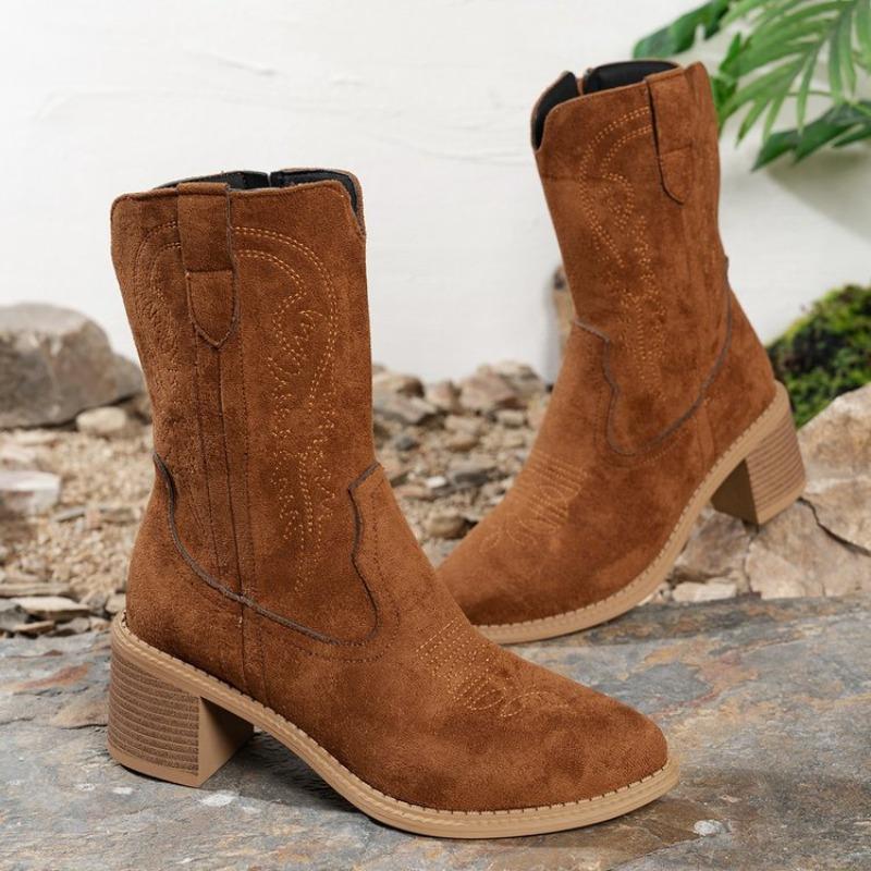 Women's Suede Mid-Calf Martin Boots, Pointed Toe Chunky Heel Embroidered Side Zipper Boots, Plus Size Fall Winter Shoes