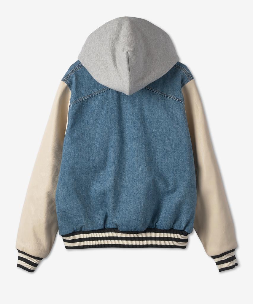 Lude Washed Denim Hooded Varsity Jacket - Indigo:Cream / Rhfw22Ja406240501050