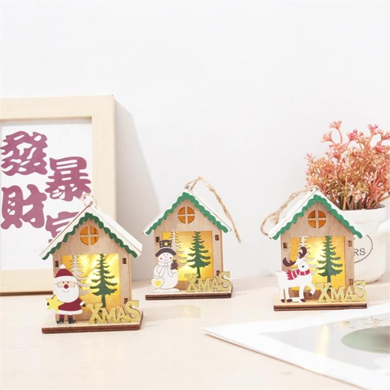 Wooden Christmas House Ornament Battery Power LED Lights Safe Flameless Decoration For Home Christmas Tree Party Crafts