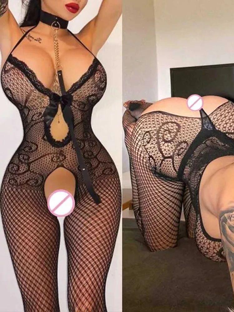 Hot Black Sexy Lingerie Crotchless Transparent Fishnet Women Bodystockings Erotic Open Bra Bodysuit Open Crotch Exotic Costumes