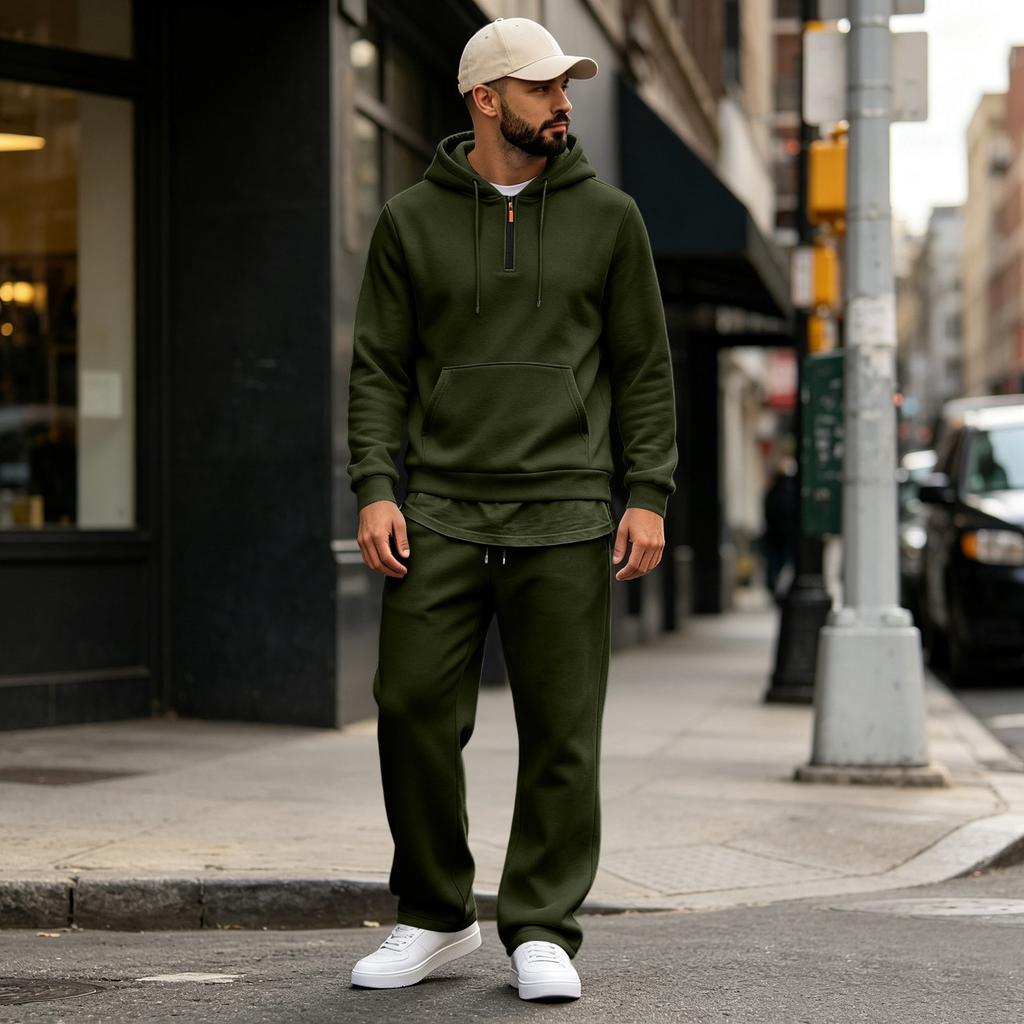 Men's Warm Lined Hoodie and Wide Leg Cargo Pants Set, Casual Relaxed Fit for Outdoor Sports