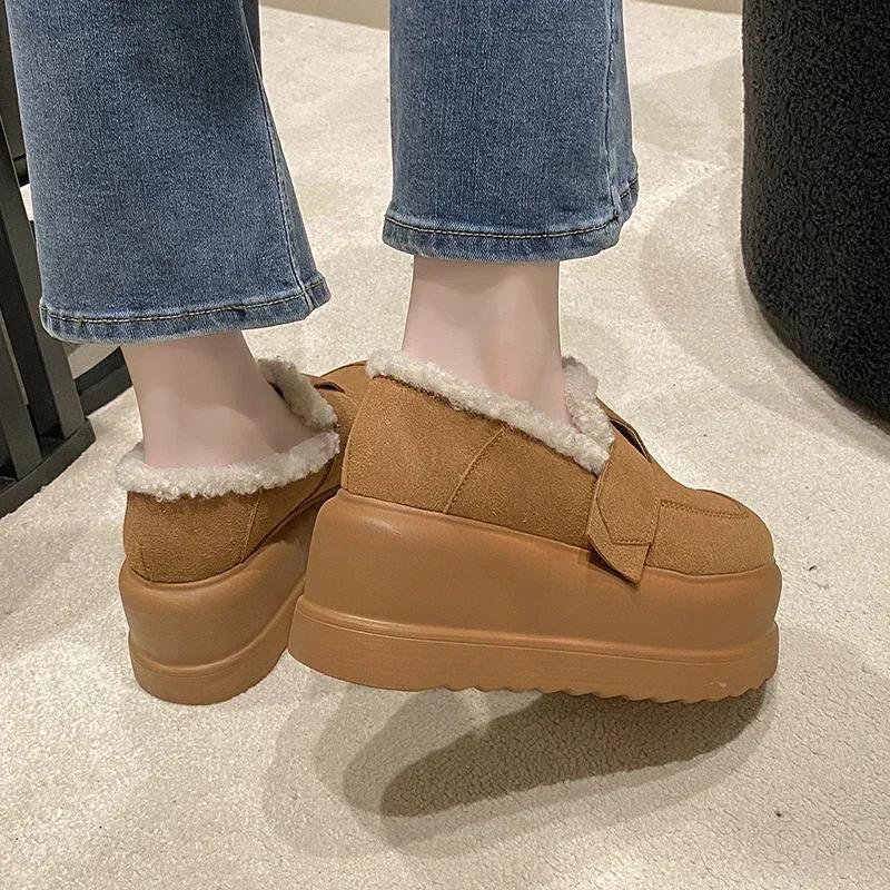 Fashion Women Thick Sole Snow Sneakers New Winter Slip-on Plush Warm Cotton Shoes Woman Outdoor Non Slip Fluffy Platform Fur Shoes 7.5CM