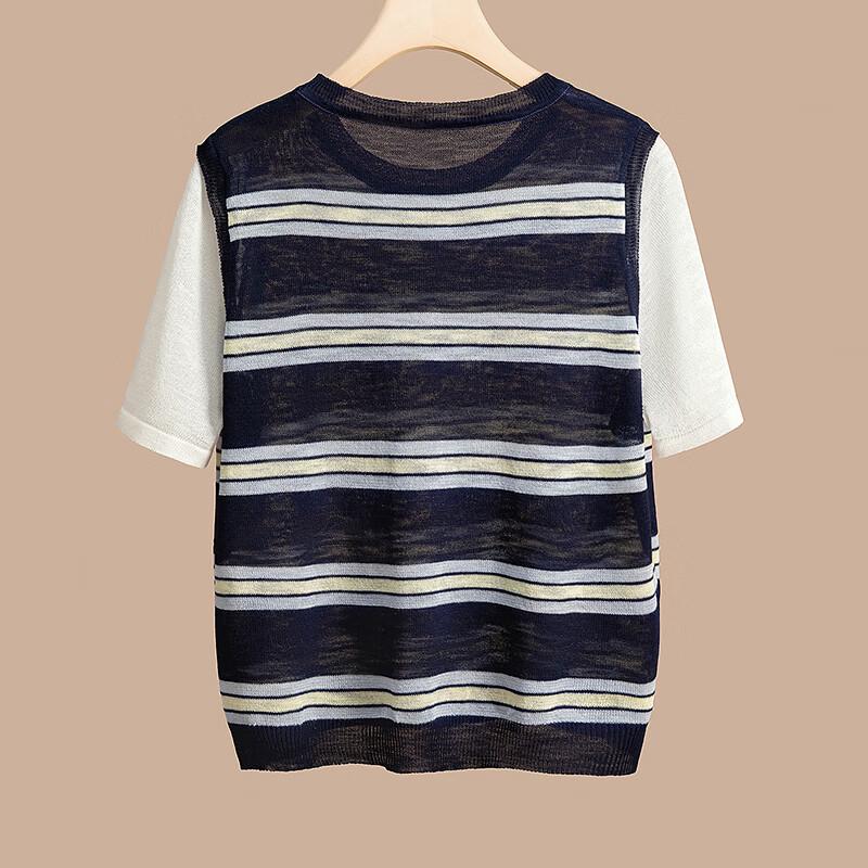 Women's Contrast Stripe Fake Two-Piece Knit Short Sleeve T-Shirt