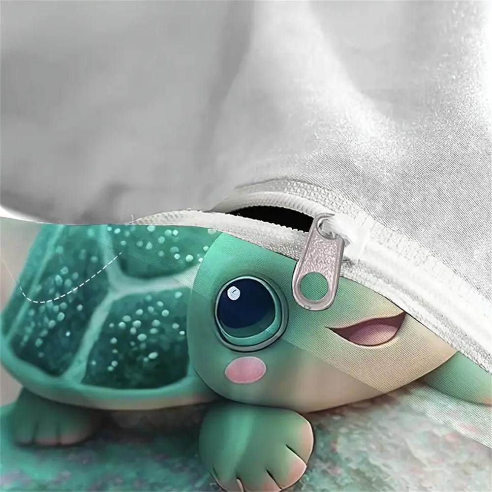 Cartoon Turtle Themed Duvet Cover Set - Breathable Soft Polyester Bedding with Zipper Closure, Digital Print, Knitted