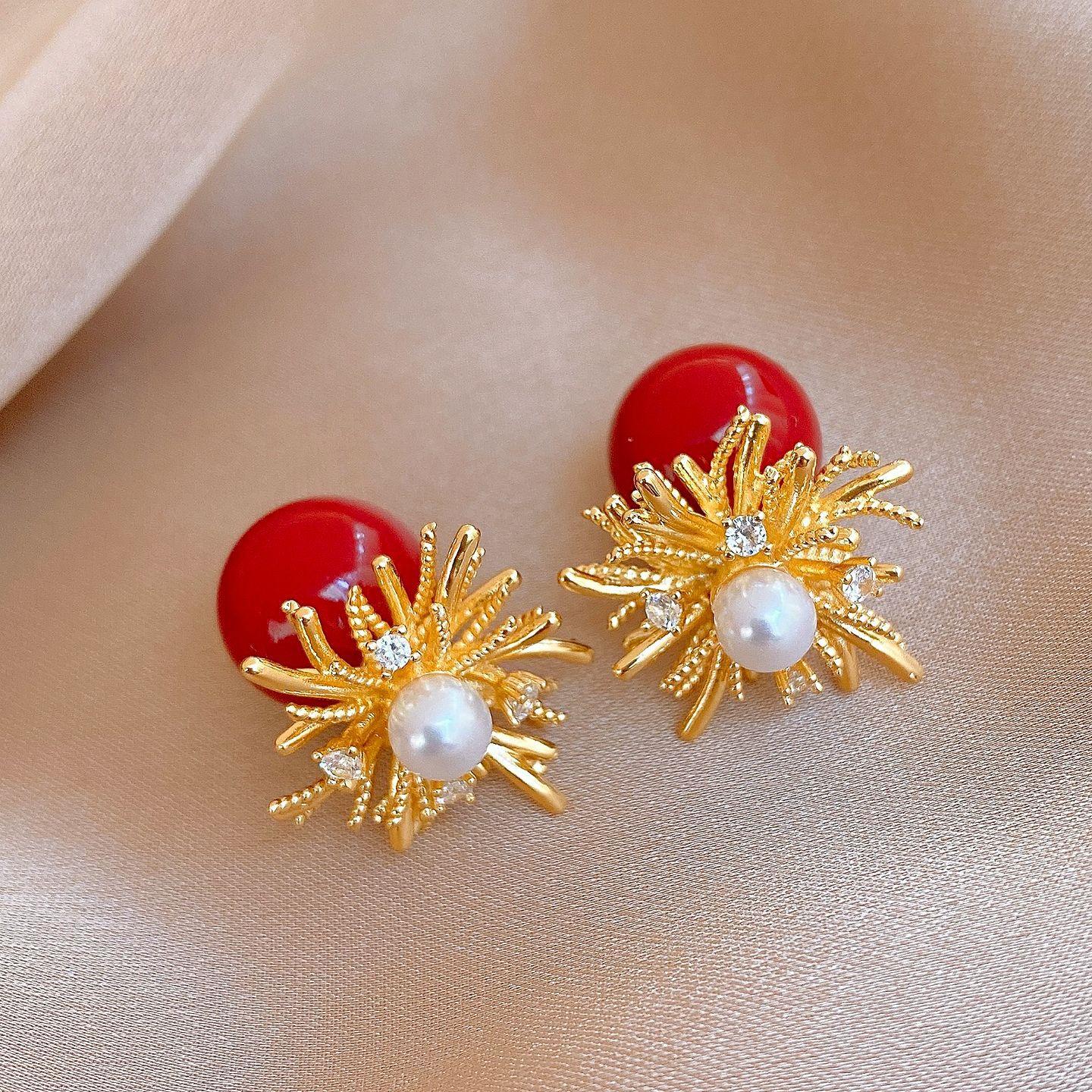 18k electroplated retro zircon fireworks pearl stud earrings niche earrings exquisite earrings women