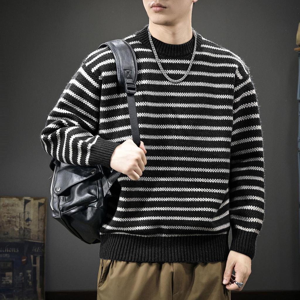 2025 Men's Striped Heavy Gauge Sweater: Autumn/Winter Long Sleeve Knit Base Layer